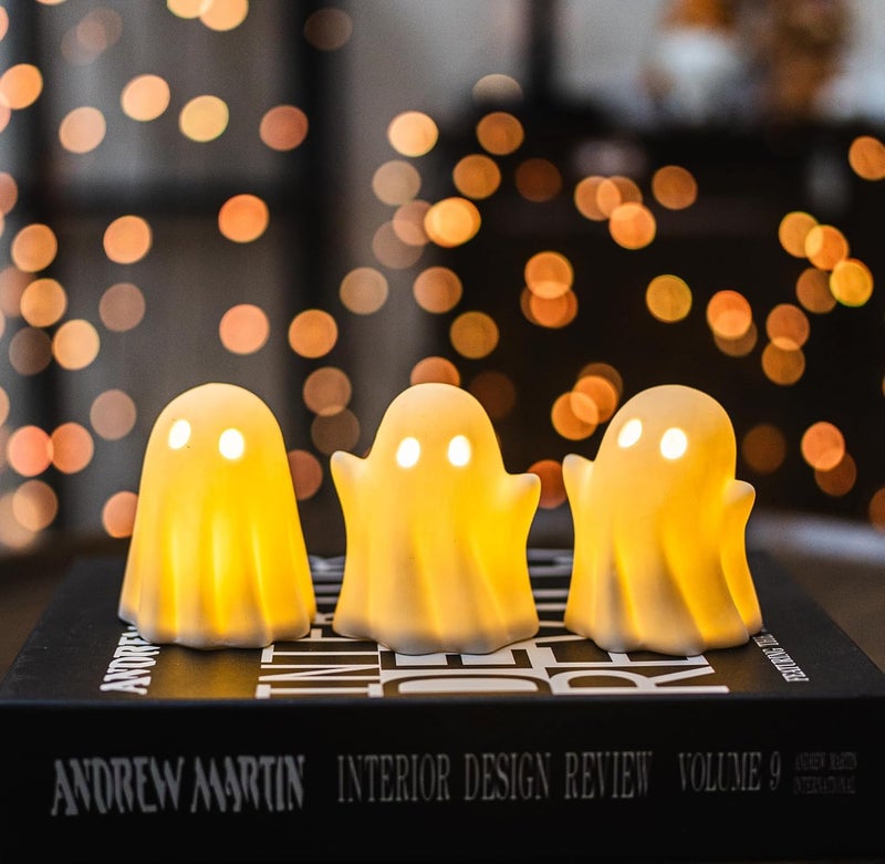 NEROSUN 3 Pack Cute Ghost Light Up Halloween Decor, LED White Ceramic Spooky Flameless Lanterns Decorative Light Fall Halloween Party Decoration for Home Bedroom Room Table Shelf - Image 4